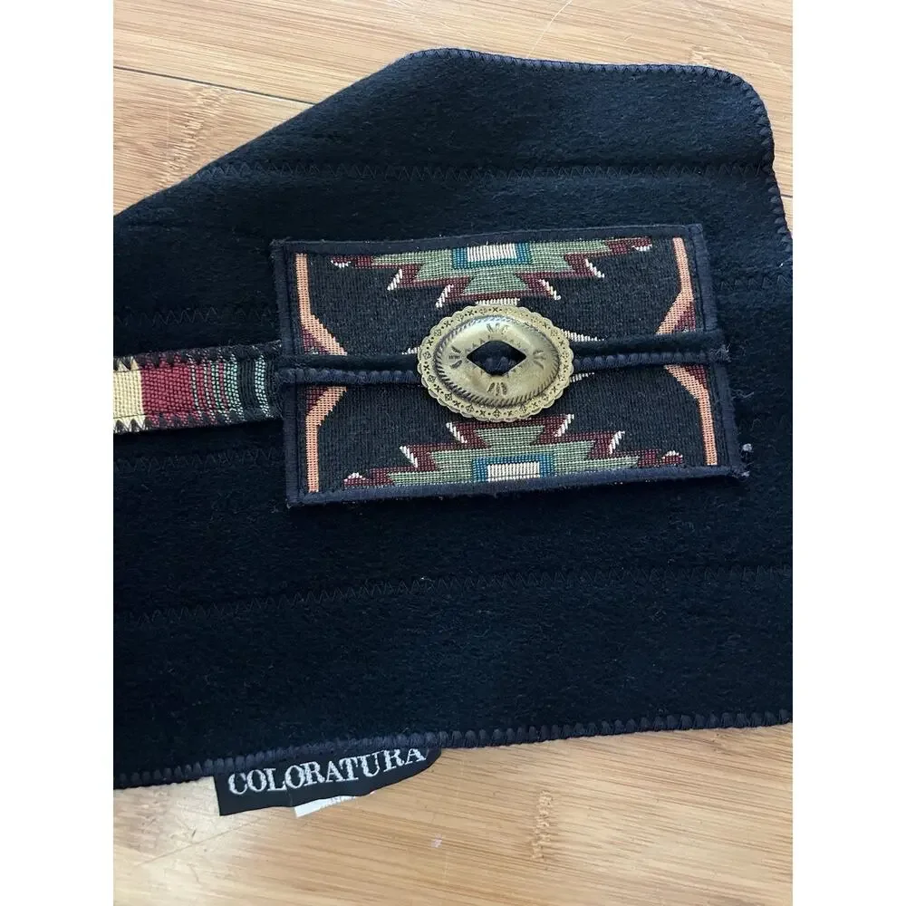 Vintage Coloratura Concho Black Scarf Wrap 100% Pure Wool Made In USA 71x10”
